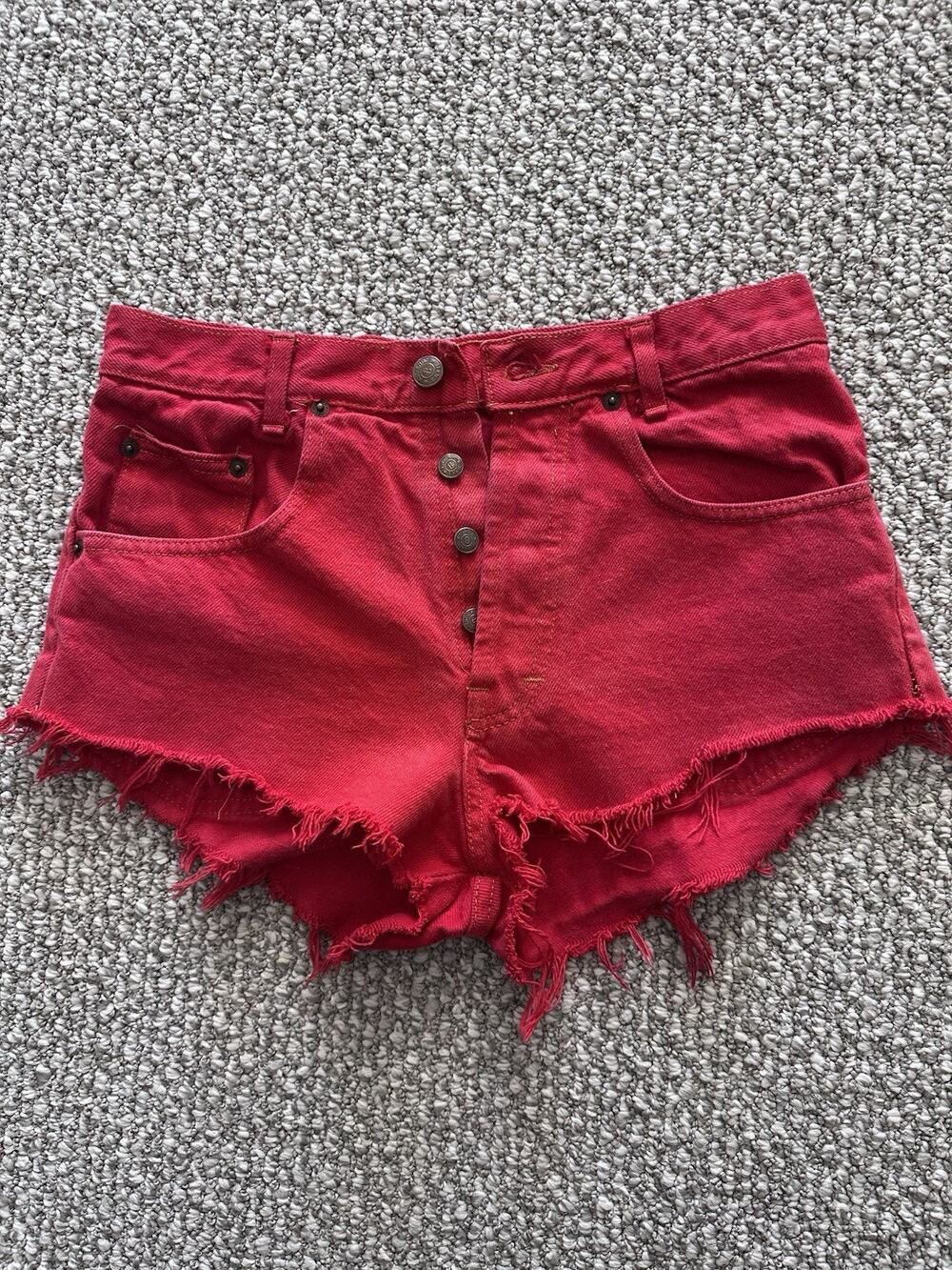 Vintage 90s Atomic Jeans Red Denim Cutoff Shorts 29 France High Rise Button Fly